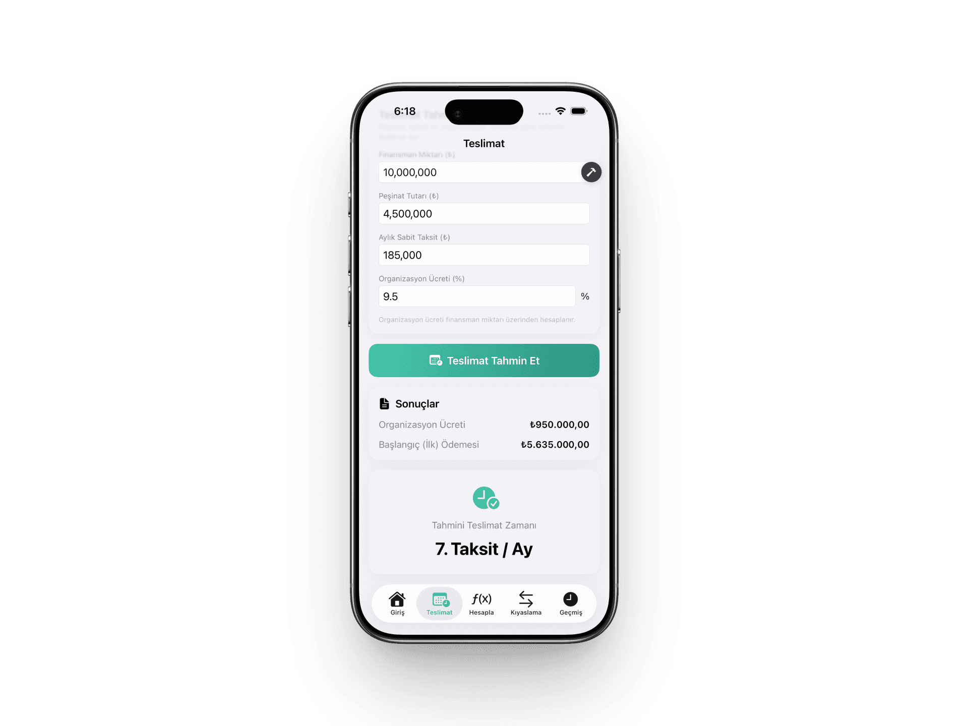 evimX tahmini teslimat ayı hesaplama ekranı